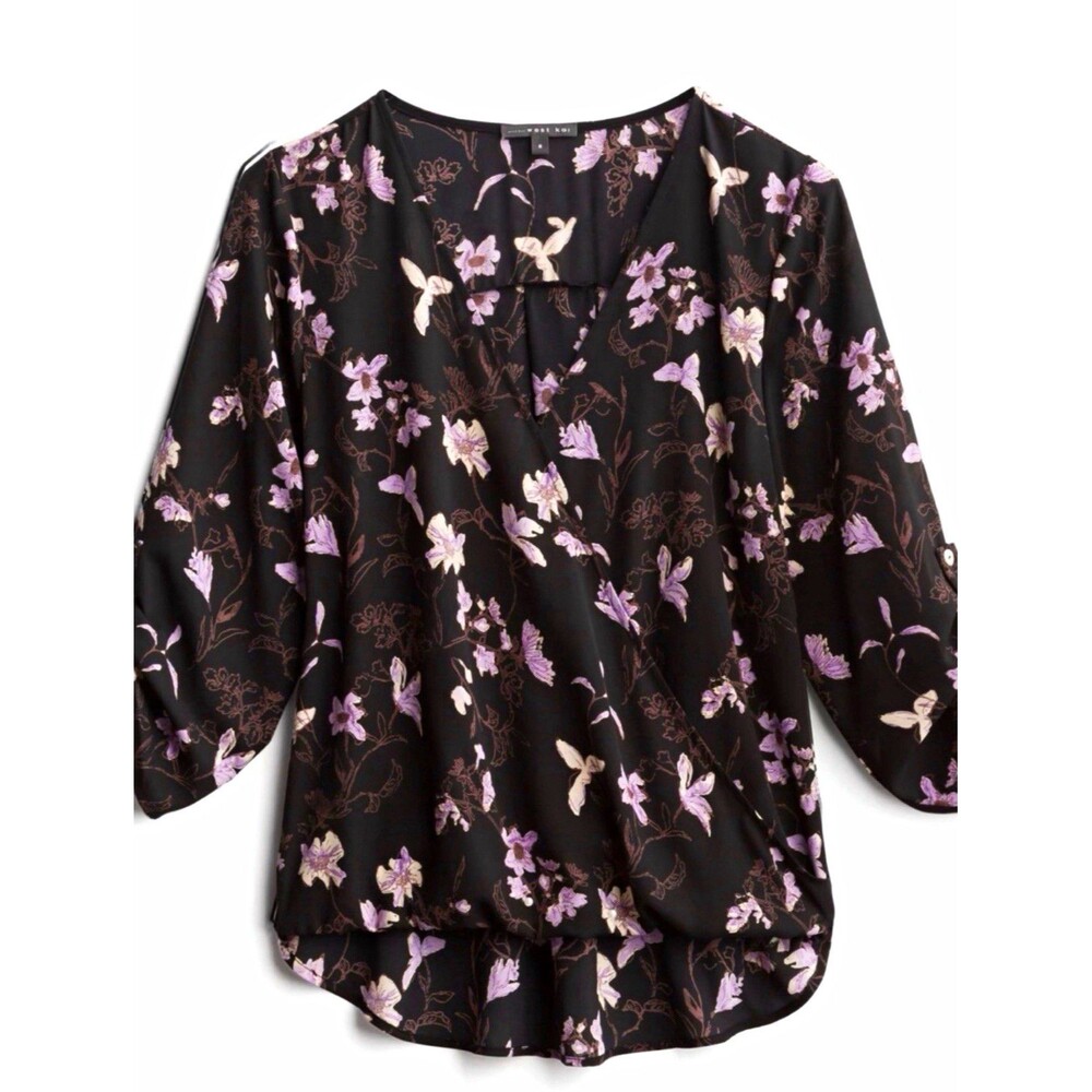 West Kei Women's L Regular Black Floral V-Neck 3/4 Sleeve Blouse Top